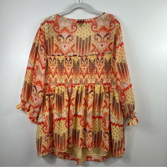 Torrid Yellow Orange Tribal Smocked Ruffle Square Neck Sheer Sleeve Blouse 3X - Picture 13 of 14